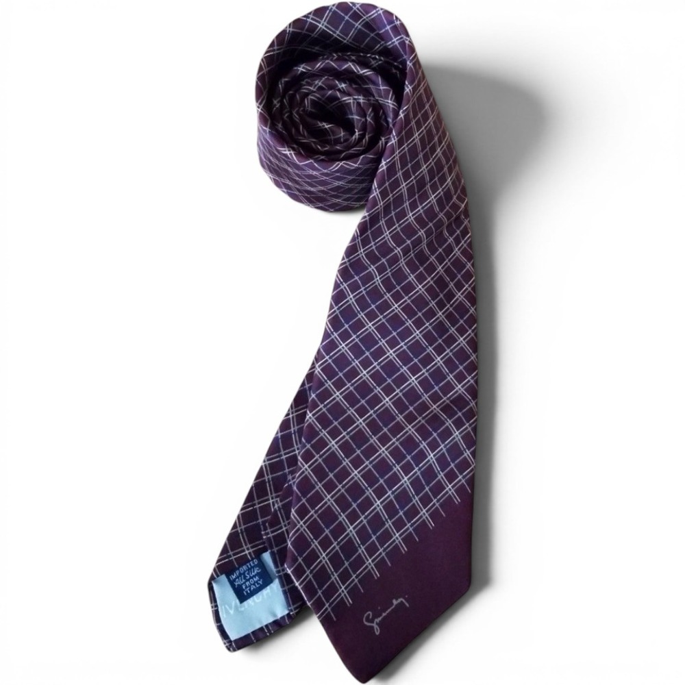 Givenchy Gentlemen Paris Silk Tie Plum Burgundy White Grid Check Made in Italy